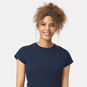 Model wearing Gildan 64000L Women's Softstyle T-Shirt