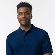 Model wearing Gildan DryBlend Jersey Polo