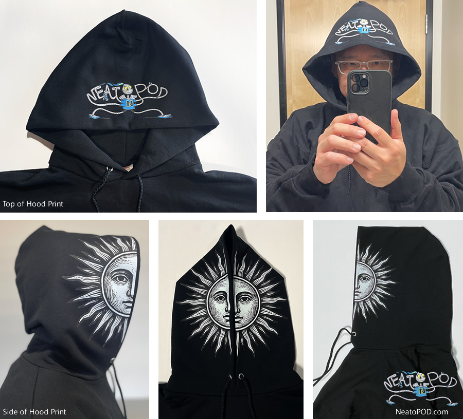 Top and side of hood print on hoodies
