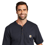 Model wearing Carhartt CTK84 Short Sleeve Henley Pocket T-Shirt