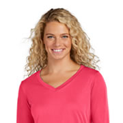 Model wearing Sport-Tek LST353LS Ladies Long Sleeve PosiCharge Competitor V-Neck Tee