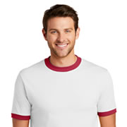 Model wearing Port & Company PC54R Core Cotton Ringer Tee