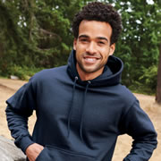 Model wearing Port & Company PC90H Essential Fleece Pullover Hoodie