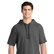 Model wearing Sport-Tek ST297 PosiCharge Tri-Blend Wicking Fleece Short Sleeve Hoodie