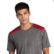 Model wearing Sport-Tek ST410 PosiCharge Tri-Blend Wicking Draft Tee